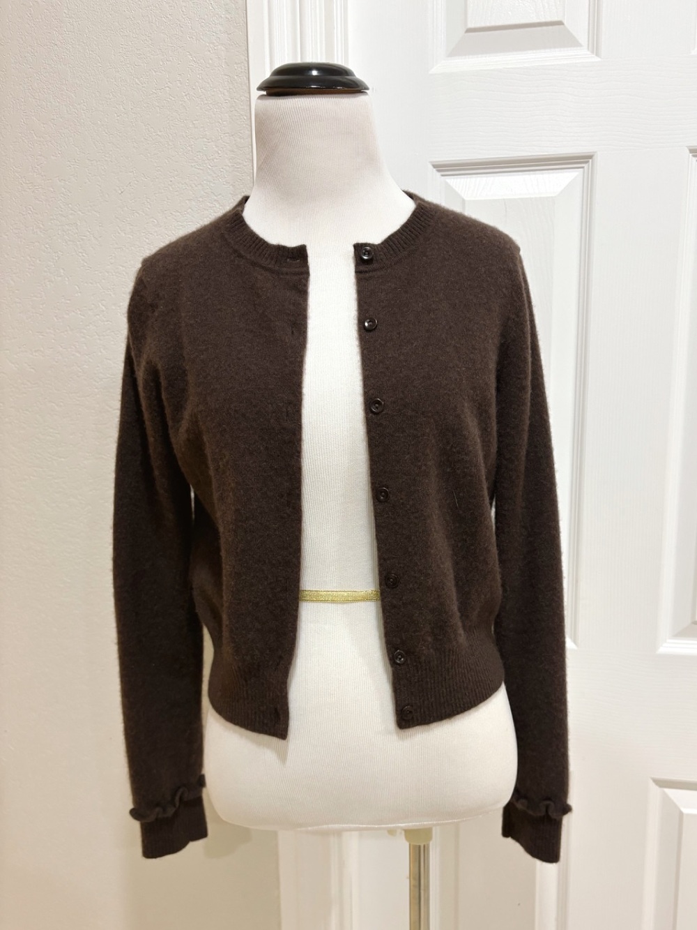 Magaschoni Cashmere Classic Fall Chocolate Brown Crewneck Button Up Cardigan- S